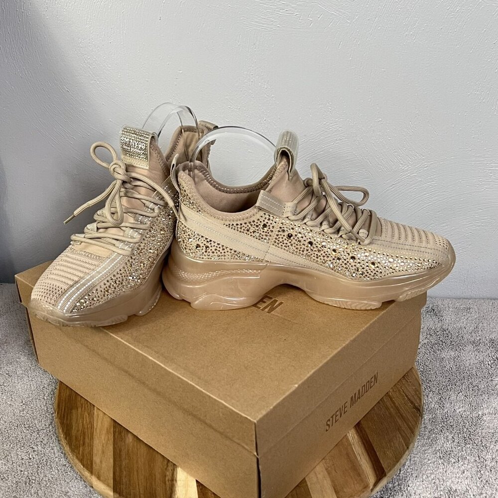 Steve Madden NYC Sneakers Women's  SZ 9.5 Beige Maxima Rhinestone Shoes - Picture 4 of 15